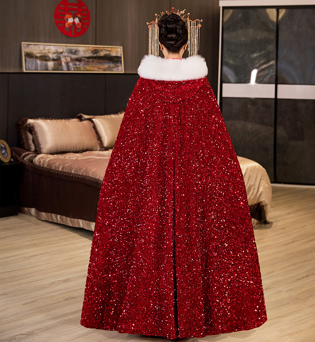 新娘秀禾亮片结婚加绒秋冬季披风 艳莲围巾/丝巾/披肩