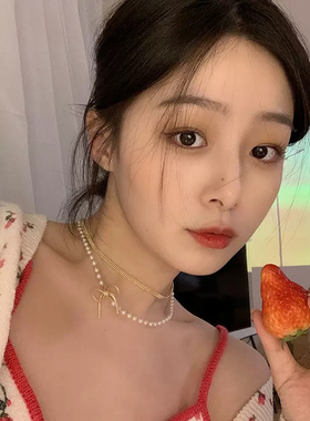 欧美个性复古风双层蝴蝶结项链女新款轻奢珍珠链叠戴锁骨链饰品