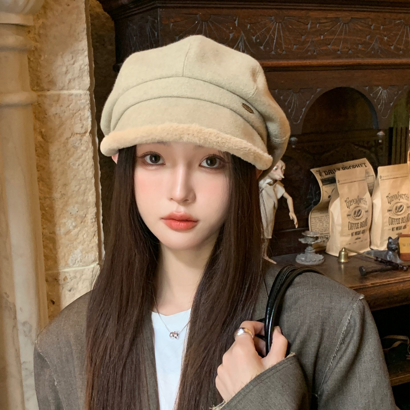 2025新款秋冬季毛绒渔夫帽女保暖护耳显脸小百搭休闲毛呢八角帽子,淘宝优惠券,粉丝福利购,淘宝优惠卷