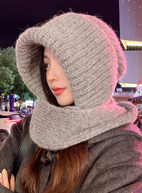 帽子围脖一体骑车防寒护耳针织毛线帽冬季保暖百搭巴拉克拉法帽女