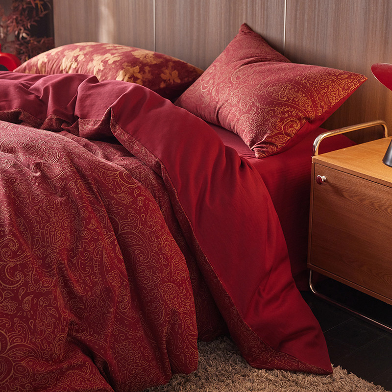 佩斯利腰果花高端A类母婴级100支长绒棉婚庆四件套纯棉红色被套 - 图0