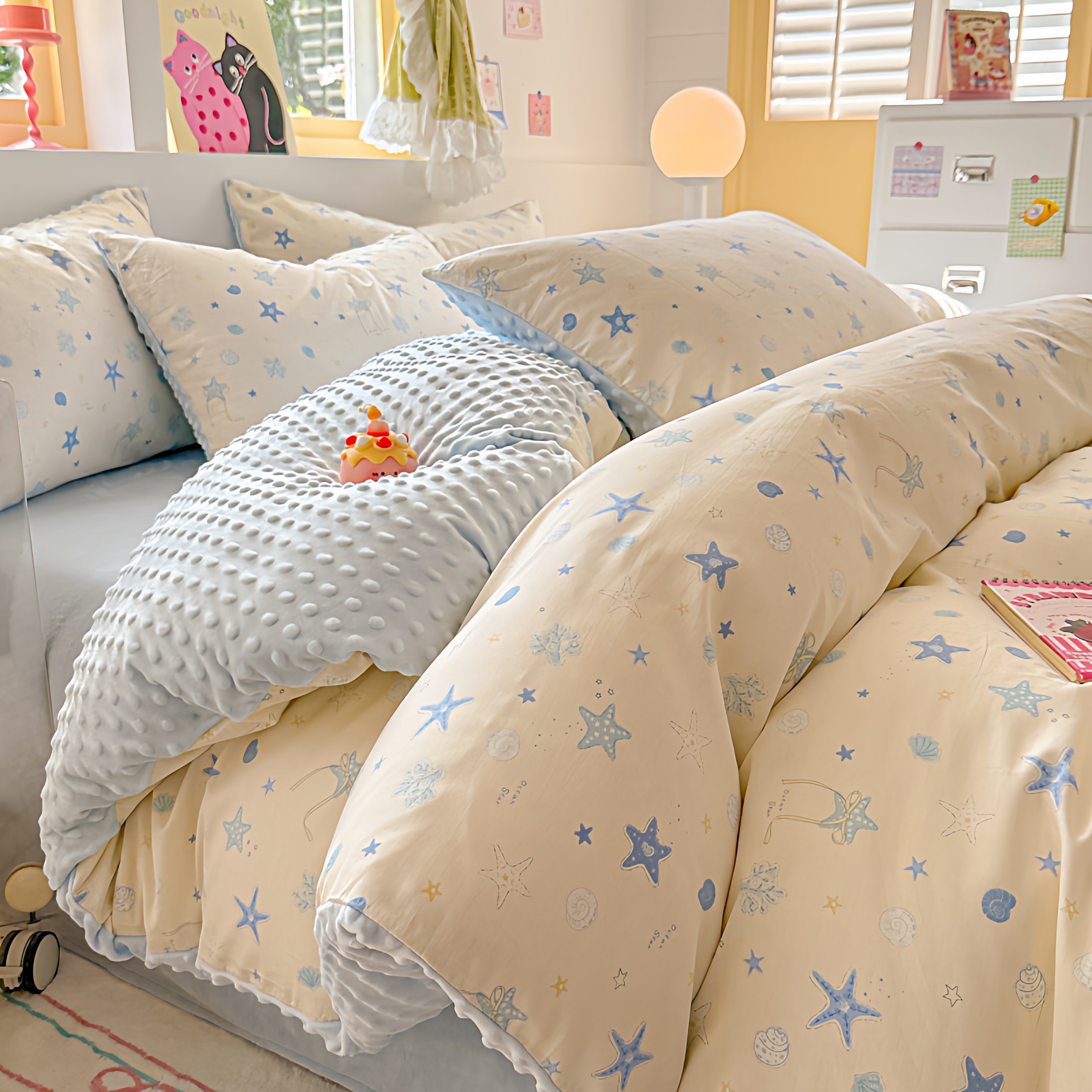 A棉B绒豆豆绒全棉40支儿童四件套纯棉可爱卡通男孩被套床单蓝色,淘宝优惠券,粉丝福利购,淘宝优惠卷