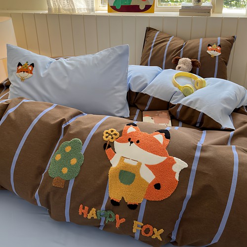 腊肠狗条纹全棉四件套加厚磨毛纯棉床单被套床上用品加大2m小狐狸 - 图0