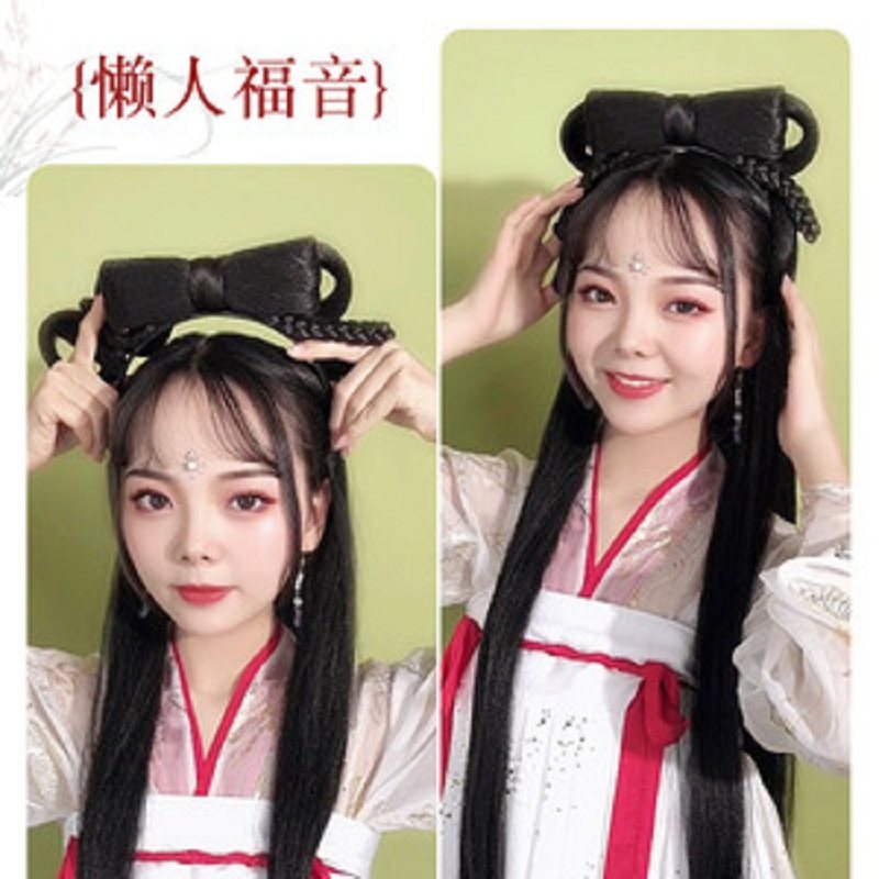汉服假发一体式古风发箍百搭新手古装蝴蝶结垫发包手残党懒人发髻_虎窝淘