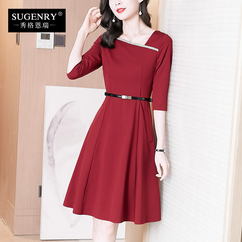 秋冬2021年新款酒红色修身小连衣裙 sugenry连衣裙