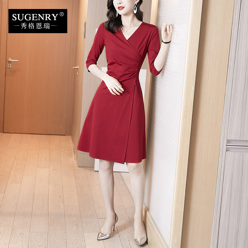 酒红色连衣裙秋装2021年秋冬裙子 sugenry连衣裙