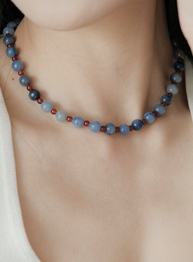 撞色天然蓝东陵项链女