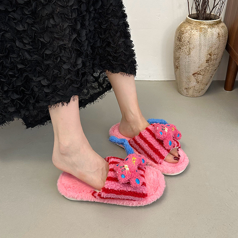 居家拖鞋可爱卡通女2025冬ins条纹毛毛拖鞋室内一字多巴胺棉拖鞋,淘宝优惠券,粉丝福利购,淘宝优惠卷