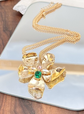 欧美中古饰品轻奢时尚高级感钻石大花项链个性简约百搭款毛衣链