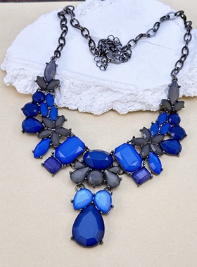 欧美中古饰品复古宫廷风夸张大气蓝色宝石高级感项链耳钉套装女