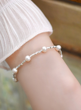 925碎银子灰白珍珠手链女生ins小众设计姐妹三人闺蜜手串女高级感