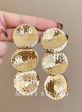 欧美风手工锤纹金属圆片耳坠