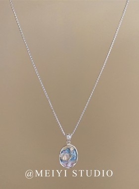 银色蓝调油画风珍珠吊坠项链