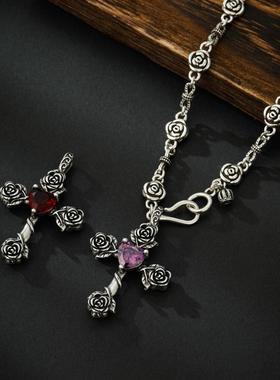 S925复古玫瑰花吊坠项链女做旧百搭高级感轻奢毛衣链重工配饰坠