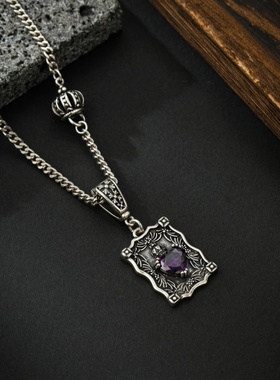 S925重工方牌紫色爱心吊坠复古做旧项链吊坠潮酷配饰毛衣链项链