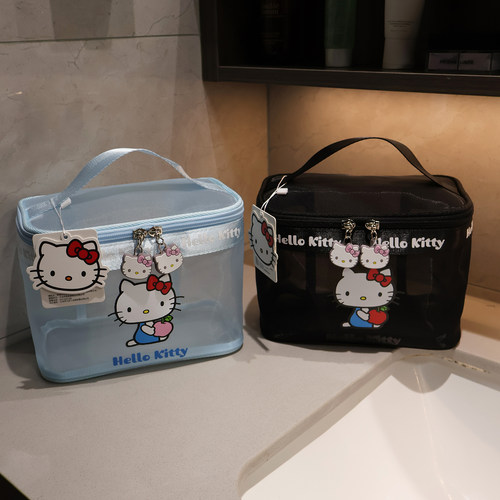 HELLOKITTY凯蒂猫网纱镂空化妆包轻便手提大容量旅行洗漱袋收纳包 - 图3