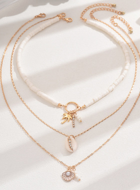 跨境欧美波西米亚风软陶项链叠戴式复古海洋贝壳椰树扇贝锁骨链女