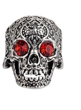 男性时尚骷髅头红宝石戒指欧美风复古红色宝石镶嵌鬼头指环手饰品