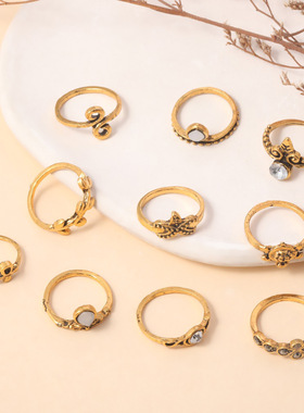 欧美指环 复古个性古金色合金点钻乌龟海星10件套装戒指