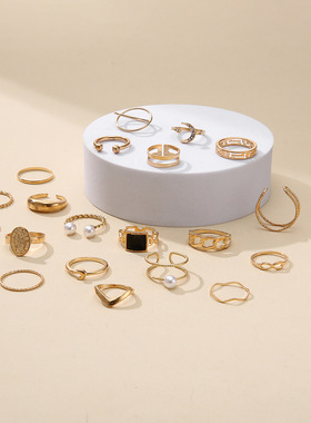 跨境珍珠戒指时尚开口星星月亮指环个性滴油麻花组合21件套女