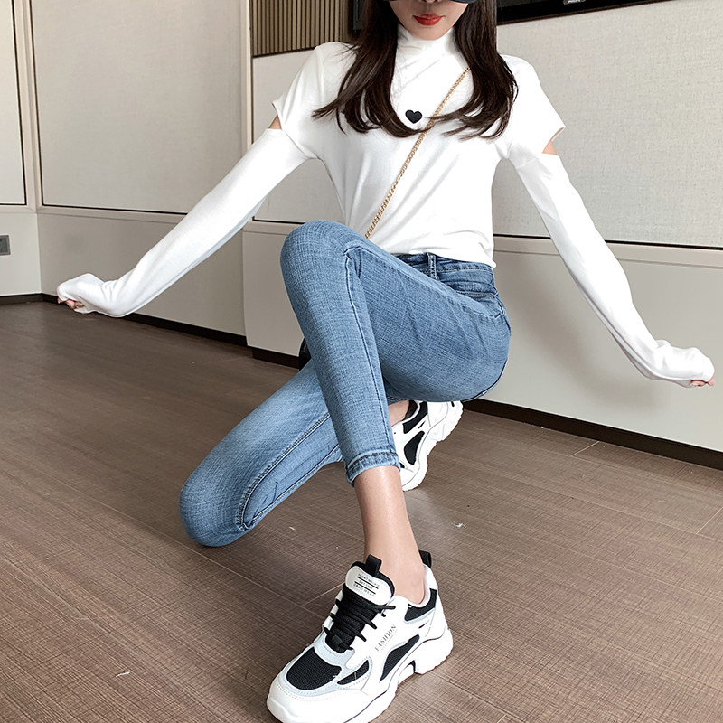 高腰148cm小个子八分牛仔裤女学生春夏弹性修身155九分新款小脚裤