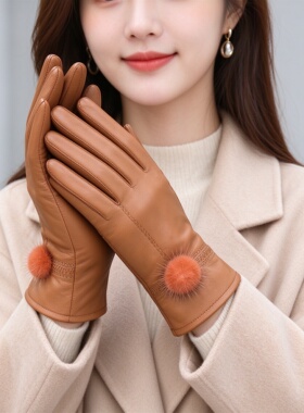 海宁绵羊皮加绒保暖女士手套