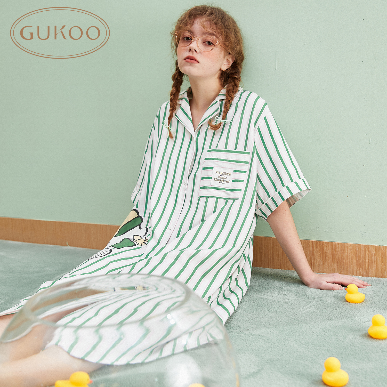 Gukoo/果壳睡裙女夏季新款史努比条纹睡衣卡通短袖家居服衬衫裙B