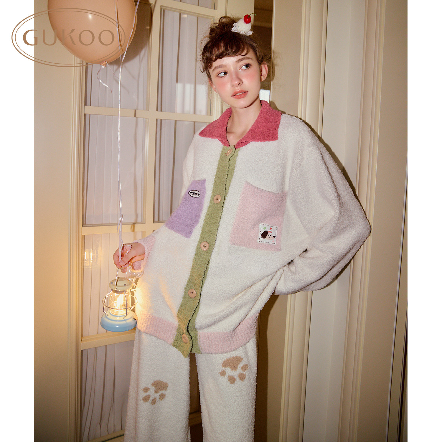 Gukoo/果壳睡衣冬季半边绒保暖新款轰轰小狗可爱女士家居服套装D,淘宝优惠券,粉丝福利购,淘宝优惠卷