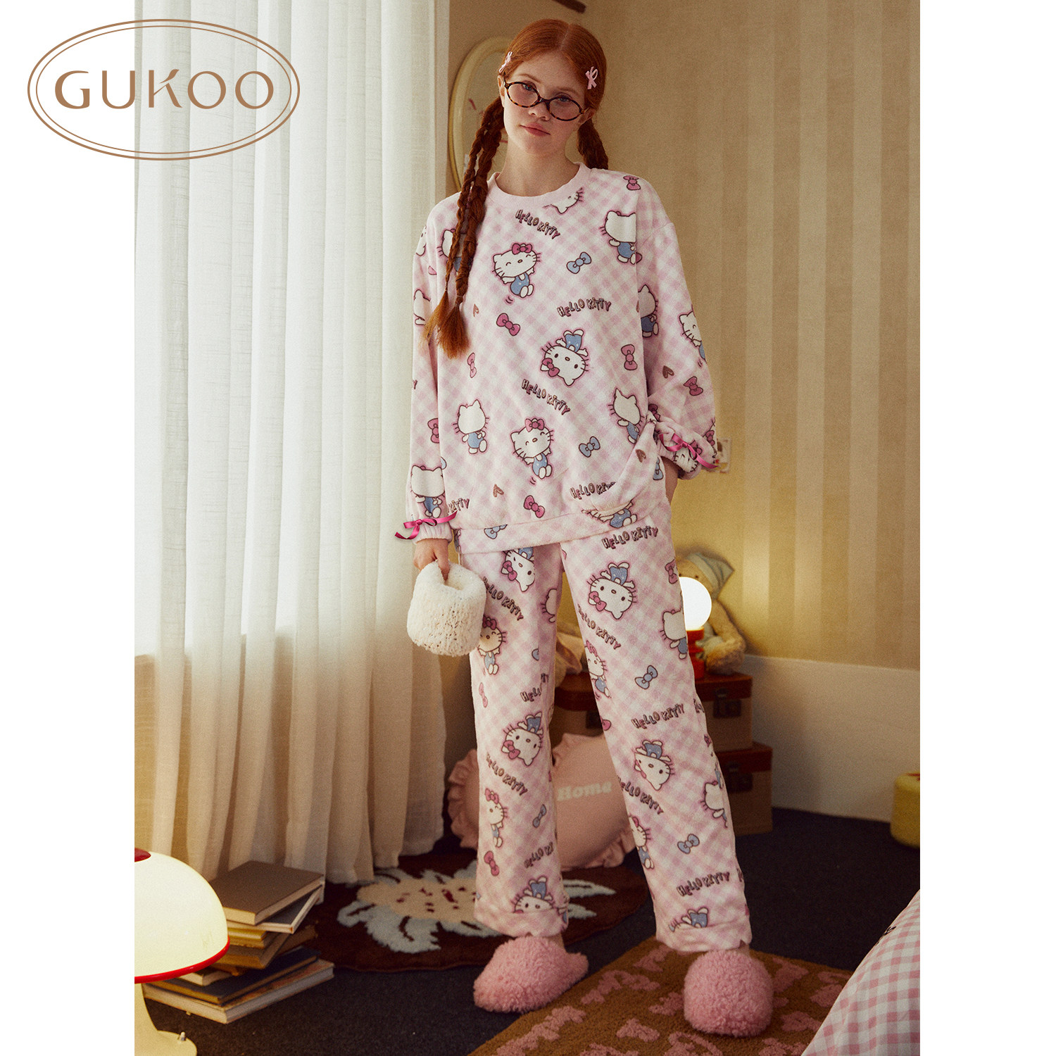 Gukoo/果壳睡衣冬季HelloKitty联名新款甜美保暖女士家居服套装D,淘宝优惠券,粉丝福利购,淘宝优惠卷