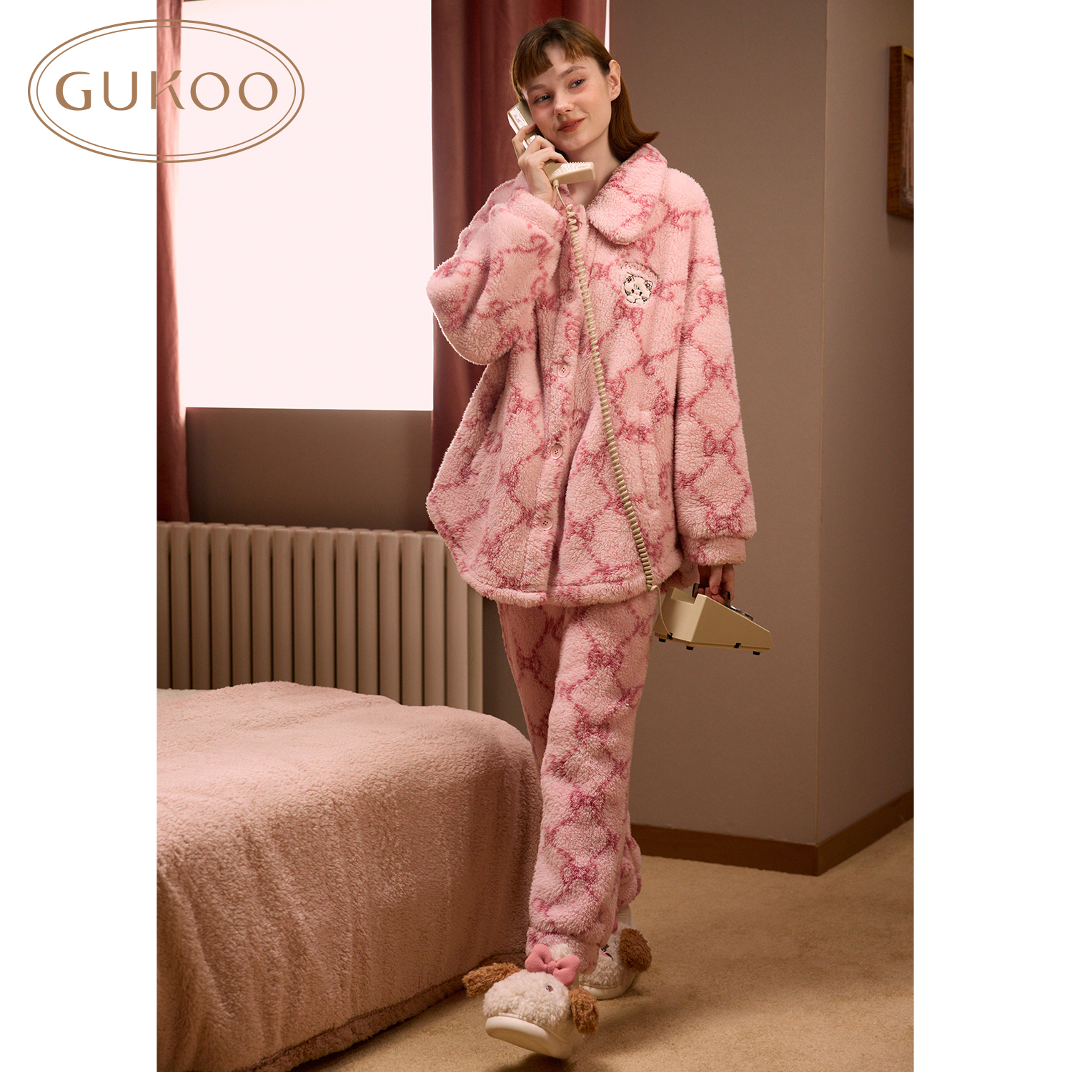 Gukoo/果壳睡衣女秋冬新款mikko联名可爱翻领印花女士珊瑚绒睡衣D