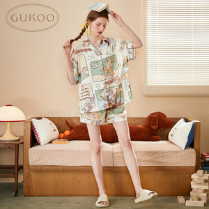 Gukoo/果壳冰丝睡衣女春夏凉感睡衣女可外穿家居服夏季女款套装B