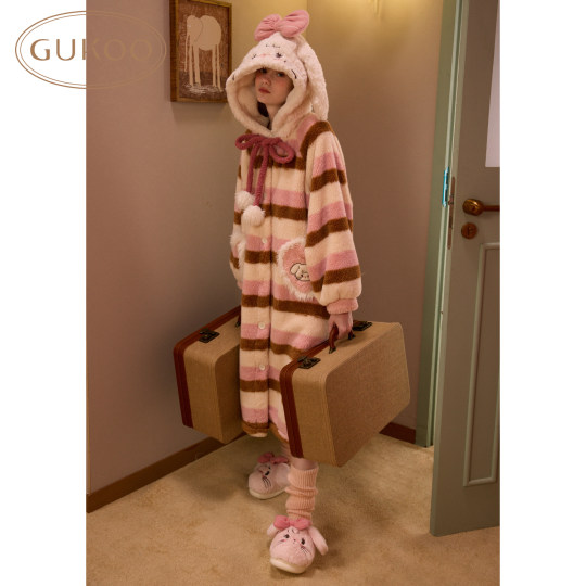 Gukoo/果壳2023新款睡衣女秋冬季mikko联名可爱睡袍家居服珊瑚绒D