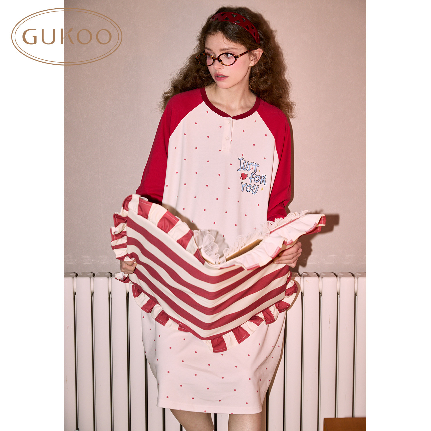 Gukoo/果壳睡裙女春秋款迪士尼联名新款波点纯棉女士家居服睡裙C,淘宝优惠券,粉丝福利购,淘宝优惠卷