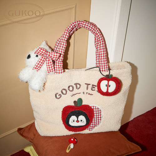 Gukoo/果壳手提包小企鹅单肩包2025新款毛绒包挂女士托特包通勤包 - 图0