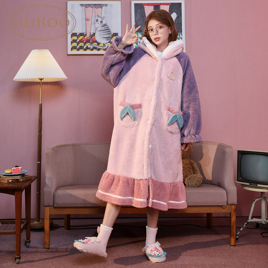 睡衣女冬珊瑚绒睡裙冬睡衣冬款睡袍女冬长款毛绒浴衣家居服加厚D