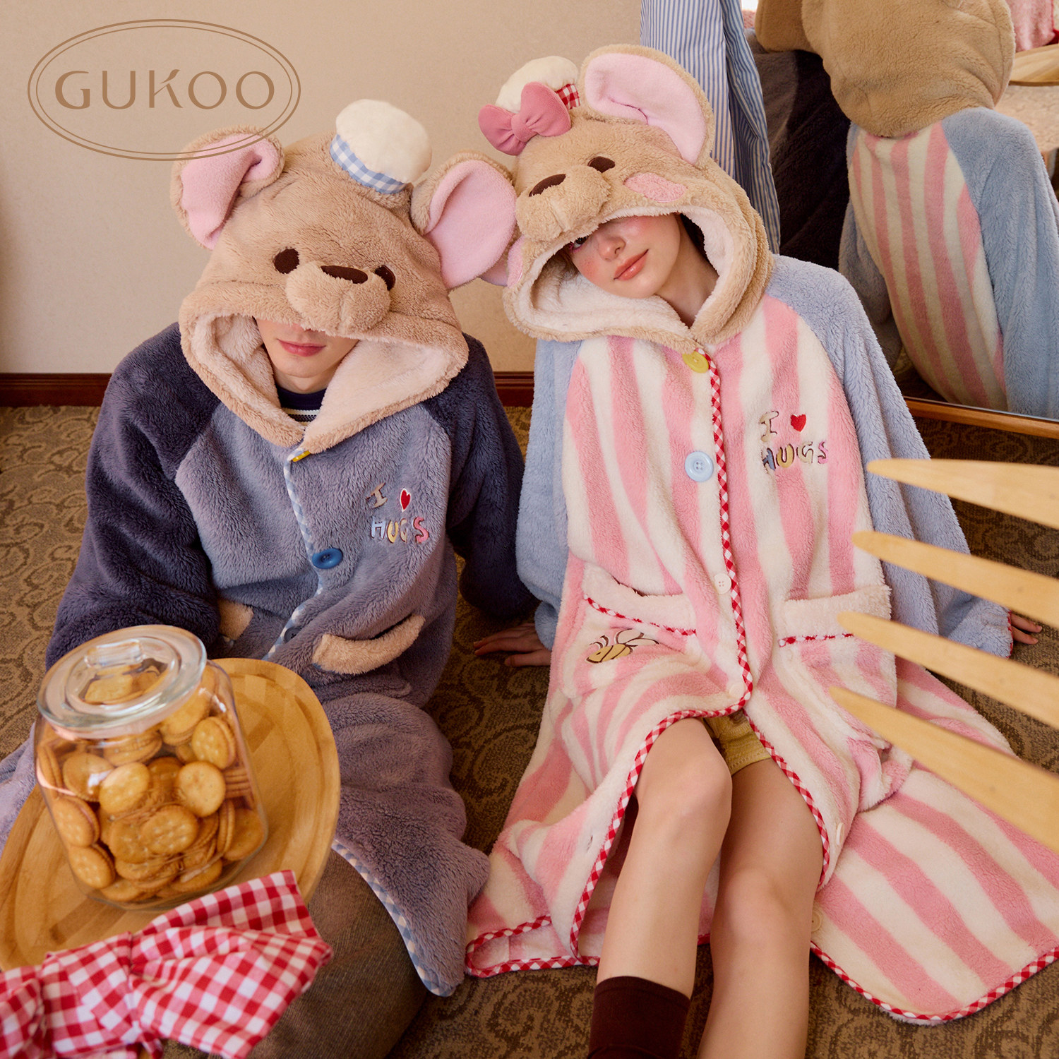 Gukoo果壳情侣睡袍冬季毛绒保暖新款迪士尼小豆联名女家居服睡袍D,淘宝优惠券,粉丝福利购,淘宝优惠卷