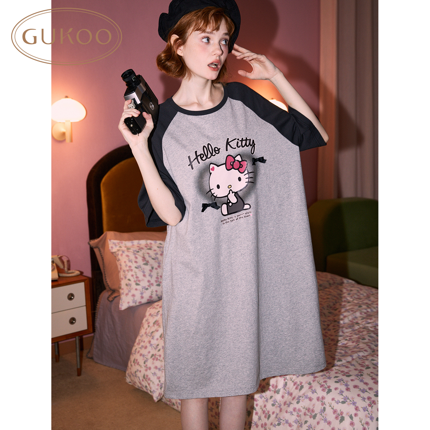 Gukoo/果壳睡衣女夏季HelloKitty联名新款纯棉女士家居服睡裙B - 图2