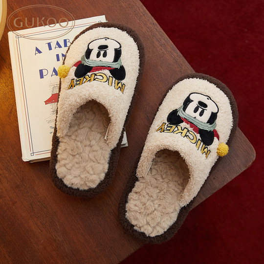 Zapatillas de pareja de cáscara de nuez, zapatillas de invierno de algodón cálidas de marca compartida de Disney para mujer, zapatillas de casa para hombre