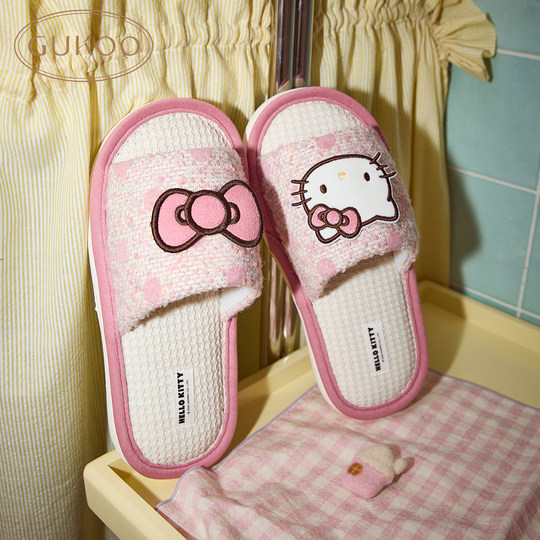 Gukoo/果壳拖鞋女春夏HelloKitty联名新款平底女士居家亚麻拖鞋
