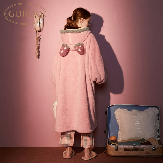 Gukoo/果壳睡袍女甜美草莓睡袍冬新款女士睡衣家居服冬款睡袍D