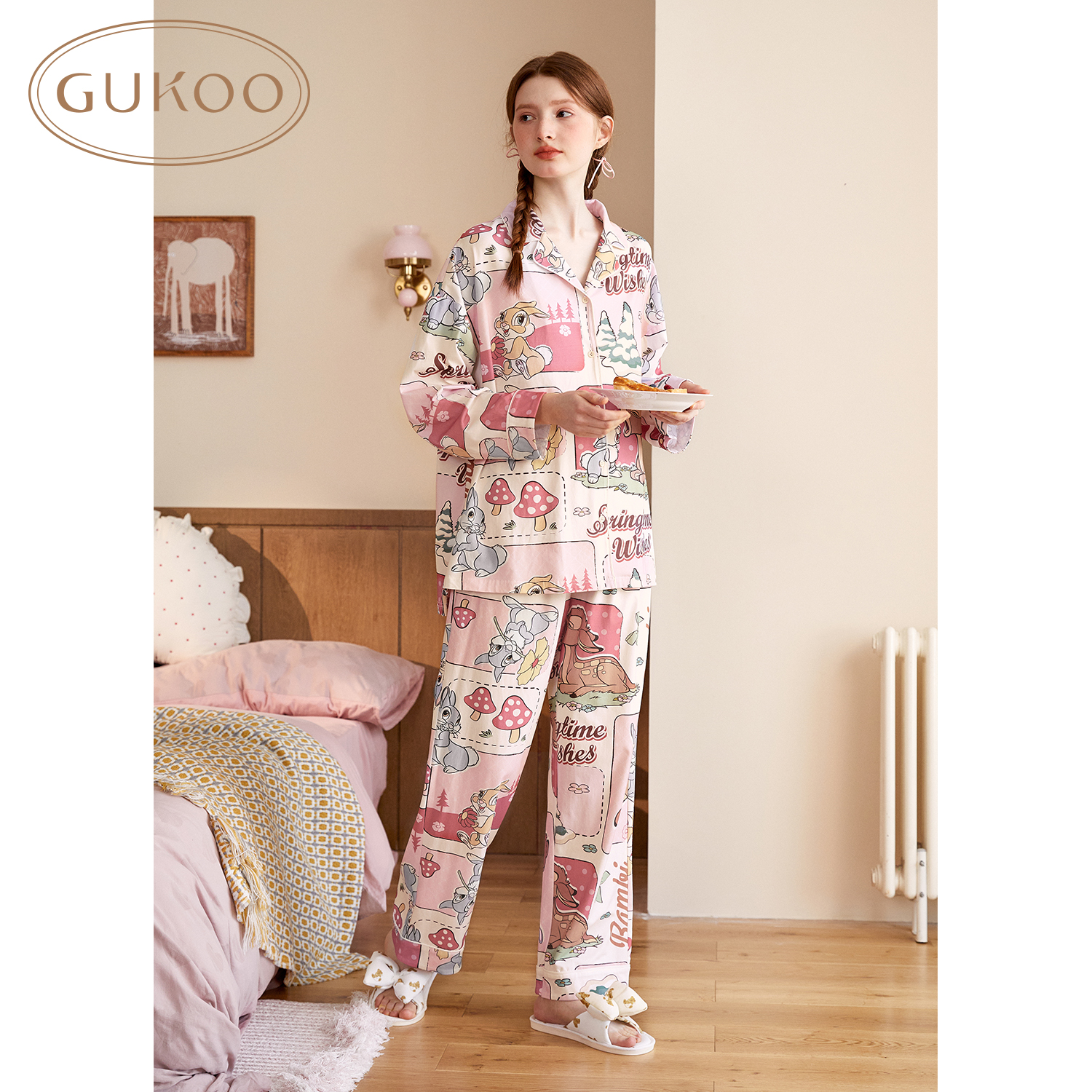 Gukoo/果壳睡衣女春秋款玛丽猫新款翻领冰丝女士家居服套装C