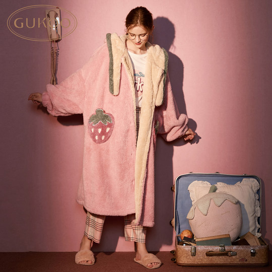 Gukoo/果壳睡袍女甜美草莓睡袍冬新款女士睡衣家居服冬款睡袍D