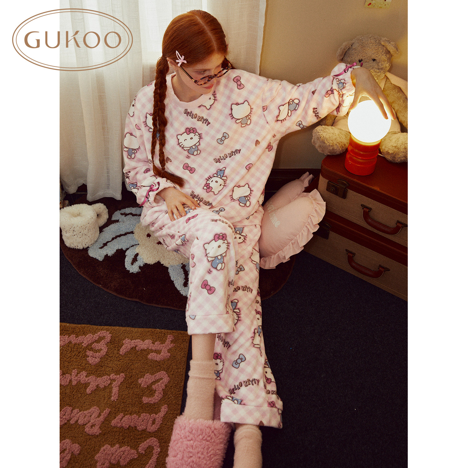 Gukoo/果壳睡衣冬季HelloKitty联名新款甜美保暖女士家居服套装D,淘宝优惠券,粉丝福利购,淘宝优惠卷