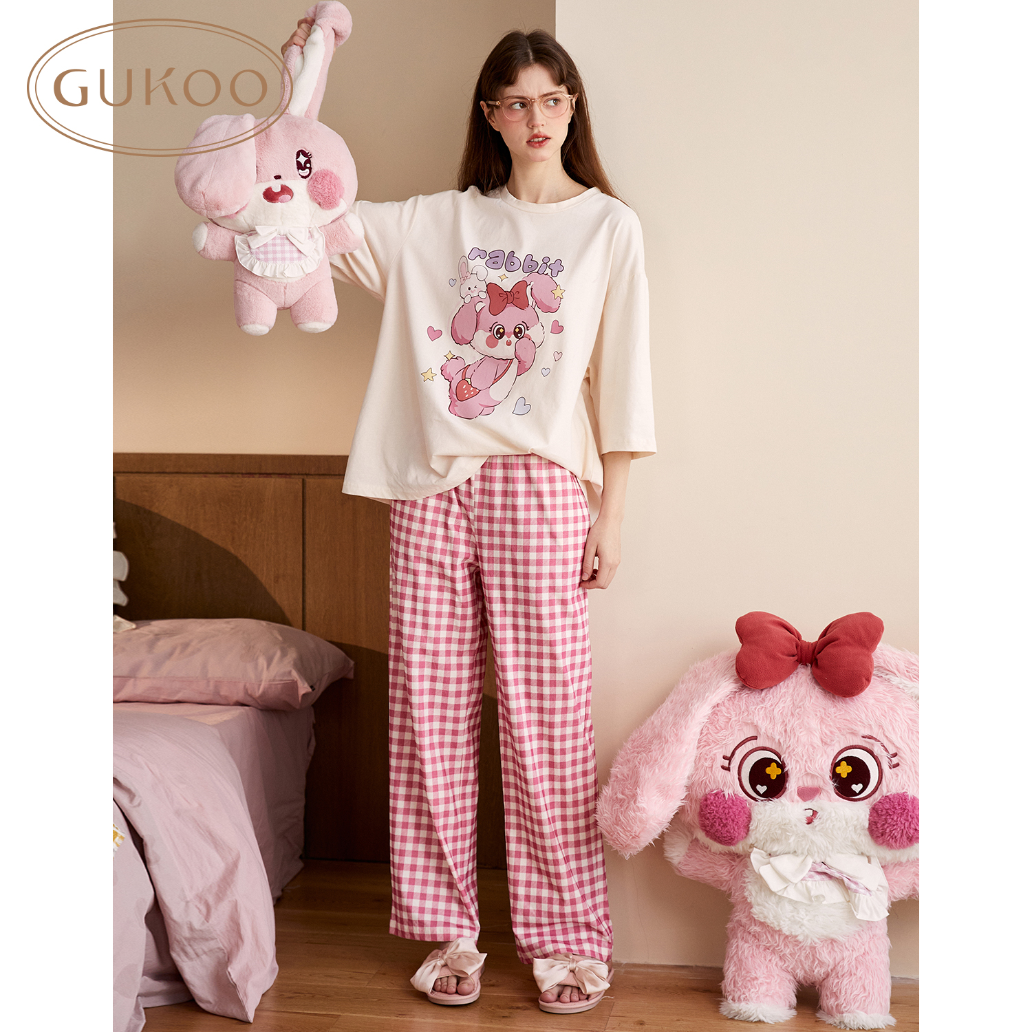 Gukoo/果壳睡衣女春秋款兔子印花新款可爱女士薄款家居服套装B