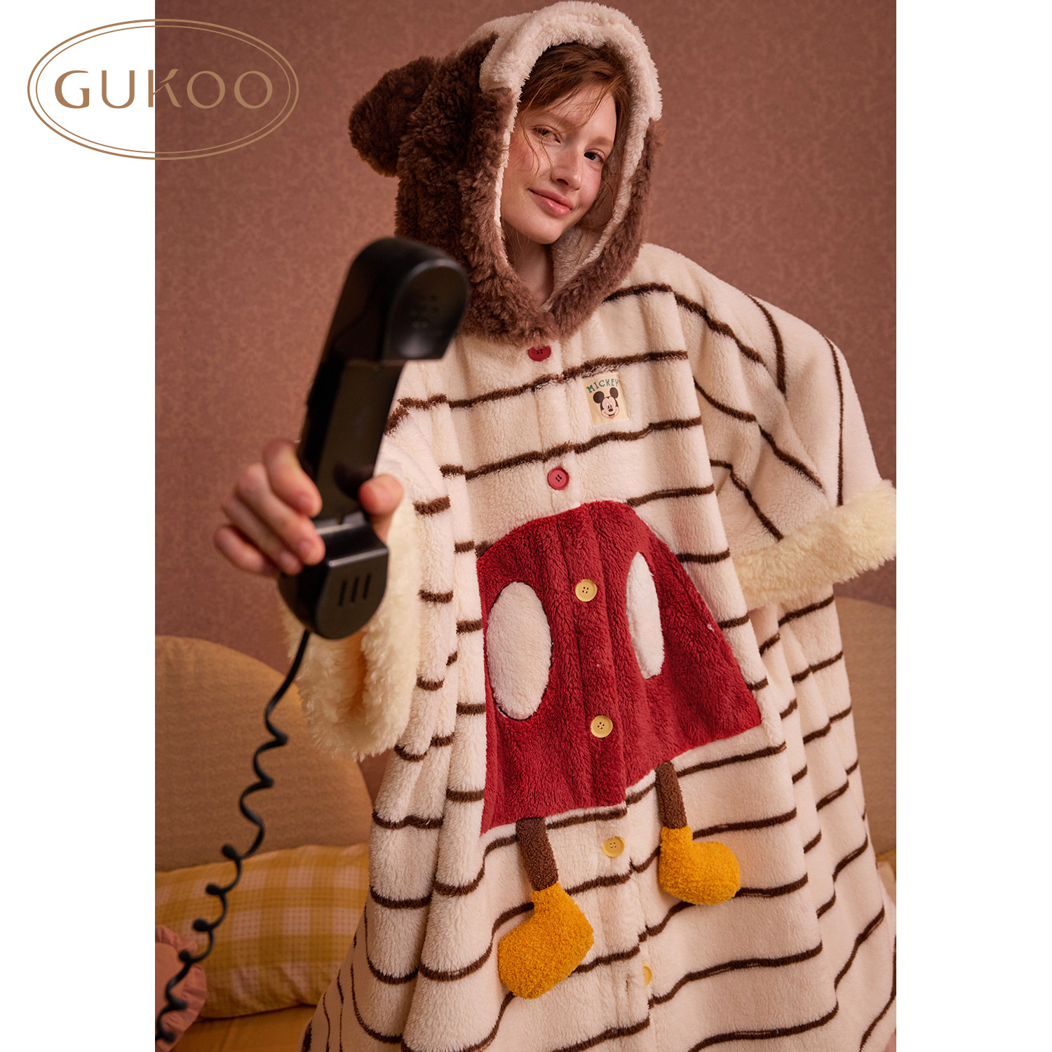 Gukoo/果壳睡袍女冬季迪士尼联名新款条纹珊瑚绒家居服斗篷睡袍D,淘宝优惠券,粉丝福利购,淘宝优惠卷