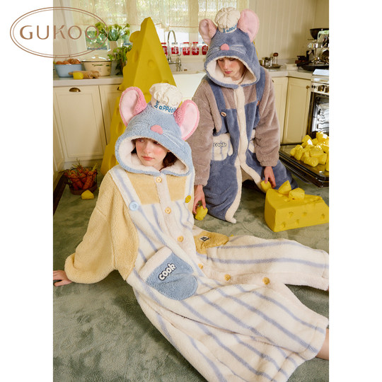 Gukoo/果壳情侣睡袍冬季珊瑚绒保暖新款料理鼠王联名家居服睡袍D