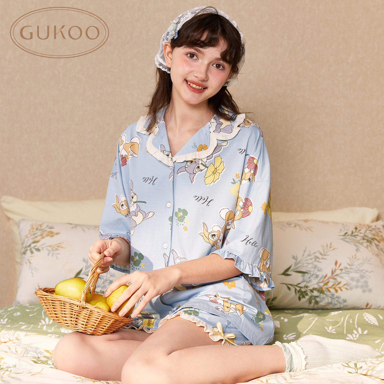 Gukoo/果壳睡衣女夏季小鹿斑比联名新款甜美宽松女士家居服套装B - 图0