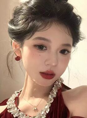 安可拉红豆豆珍珠耳环女高级感红色2025款新年纯银耳钉显白～耳饰