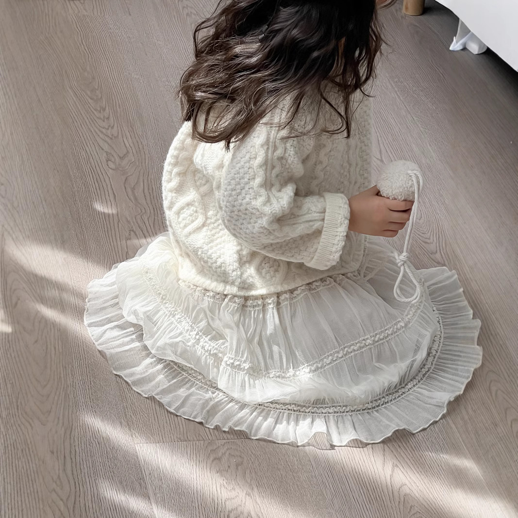 秋冬新款韩版童装女童毛衣拼接网纱公主裙女宝宝加厚针织连衣裙子 - 图2