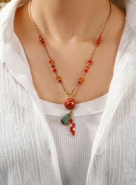 复古民族风大漆红玛瑙流苏项链女